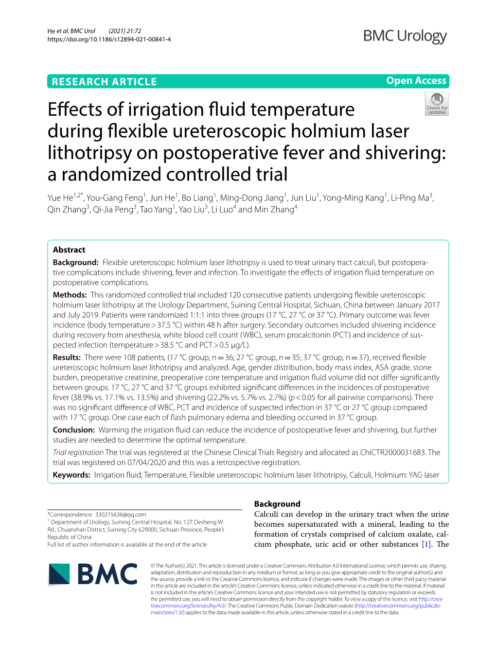 Effects of Irrigation Fluid Temperature During Flexible Ureteroscopic Holmium Laser Lithotripsy on Postoperative Fever and Shive