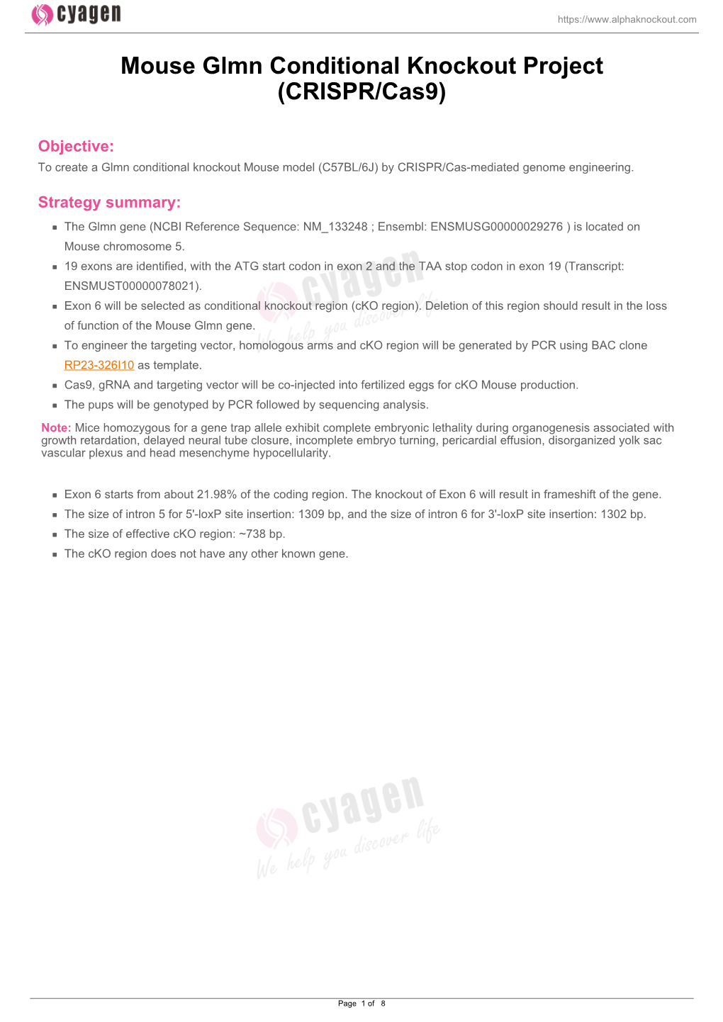 Mouse Glmn Conditional Knockout Project (CRISPR/Cas9)