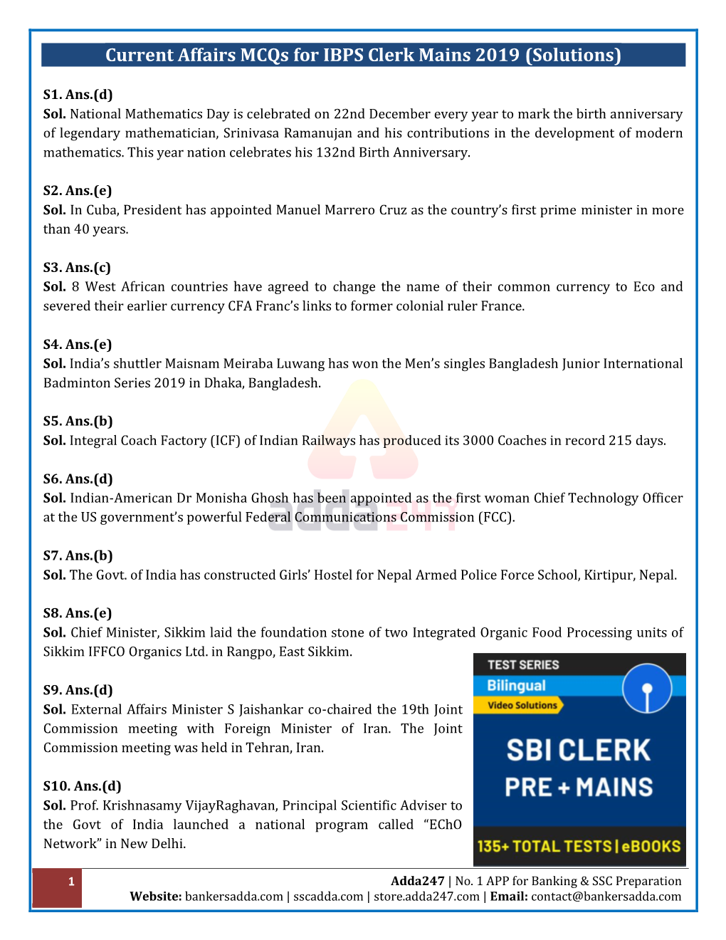 Current Affairs Mcqs for IBPS Clerk Mains 2019 (Solutions)