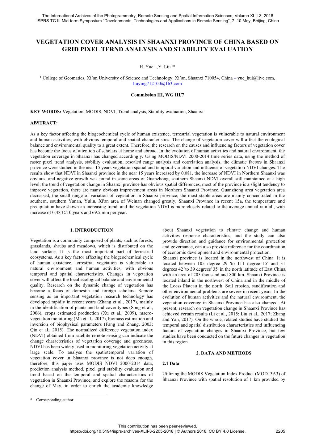 Vegetation Cover Analysis in Shaanxi Province of China Based on Grid Pixel Ternd Analysis and Stability Evaluation