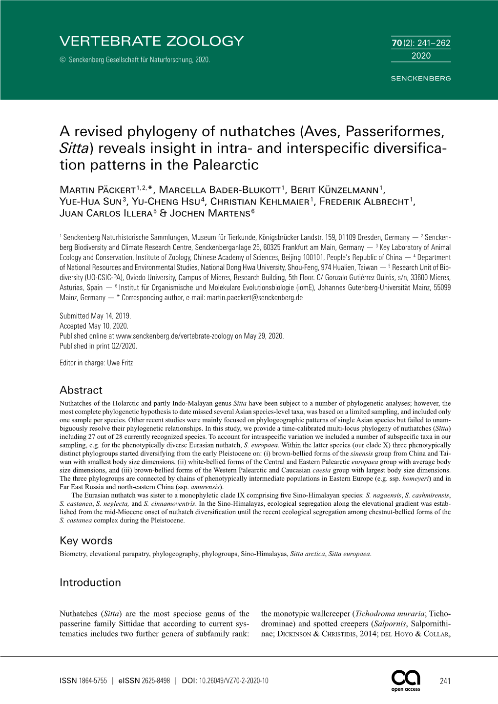 A Revised Phylogeny of Nuthatches (Aves, Passeriformes, Sitta) Reveals Insight in Intra- and Interspecific Diversifica- Tion Patterns in the Palearctic