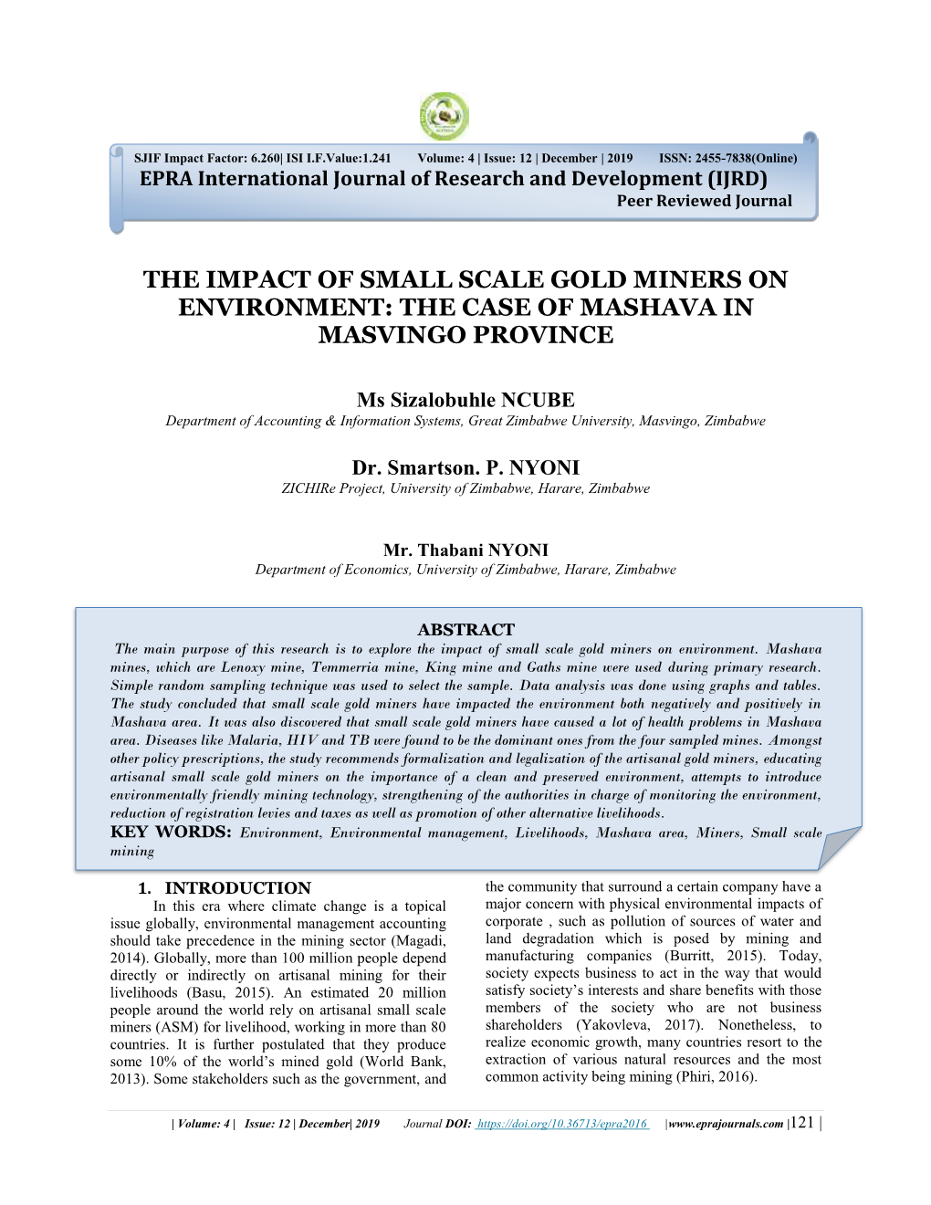 The Impact of Small Scale Gold Miners on Environment: the Case of Mashava in Masvingo Province