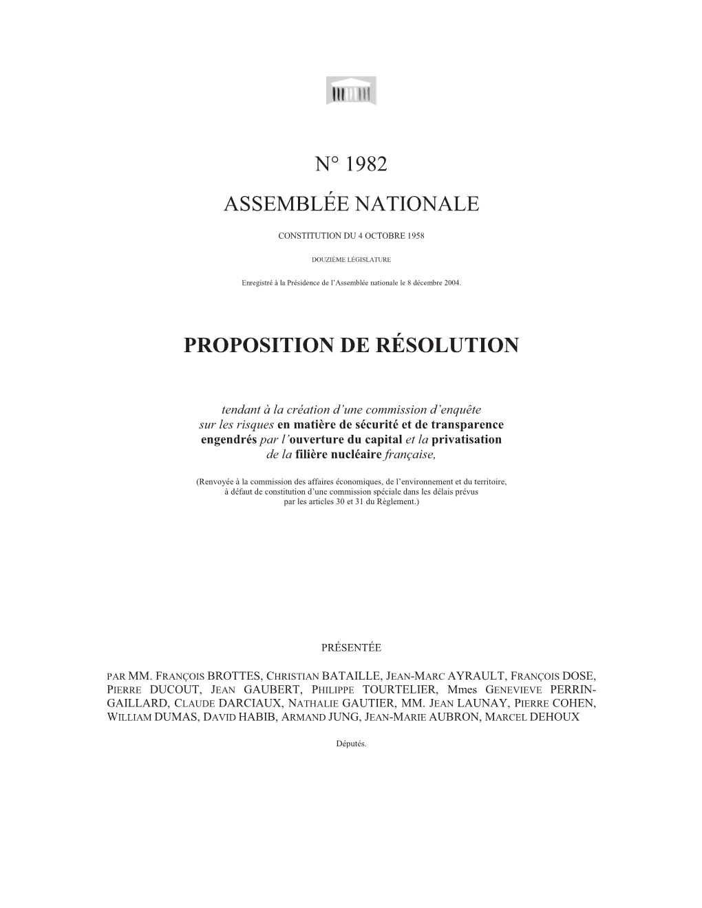 N° 1982 Assemblée Nationale Proposition De Résolution