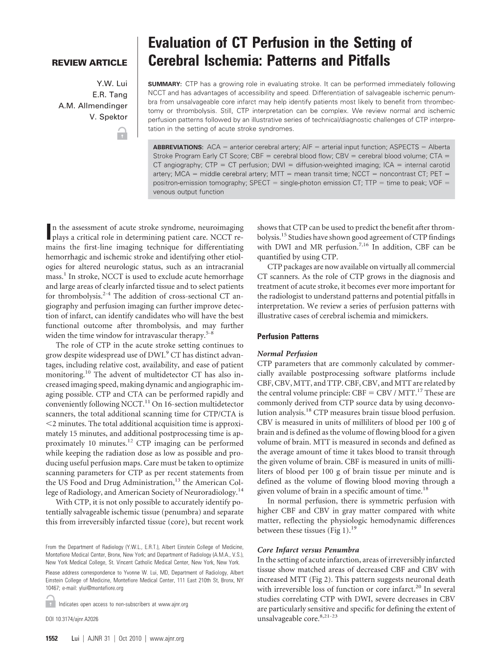 Evaluation of CT Perfusion in the Setting of Cerebral Ischemia