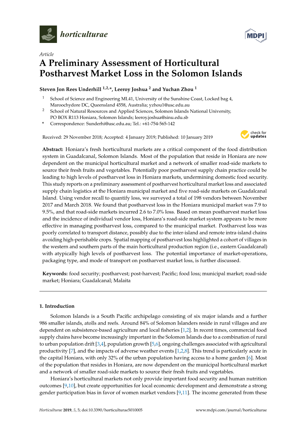 A Preliminary Assessment of Horticultural Postharvest Market Loss in the Solomon Islands
