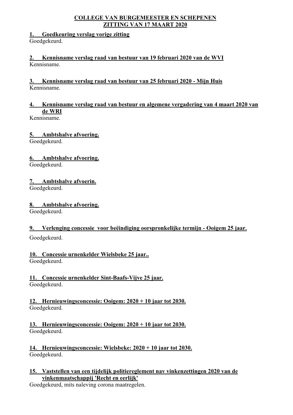 College Van Burgemeester En Schepenen Zitting Van 17 Maart 2020 1
