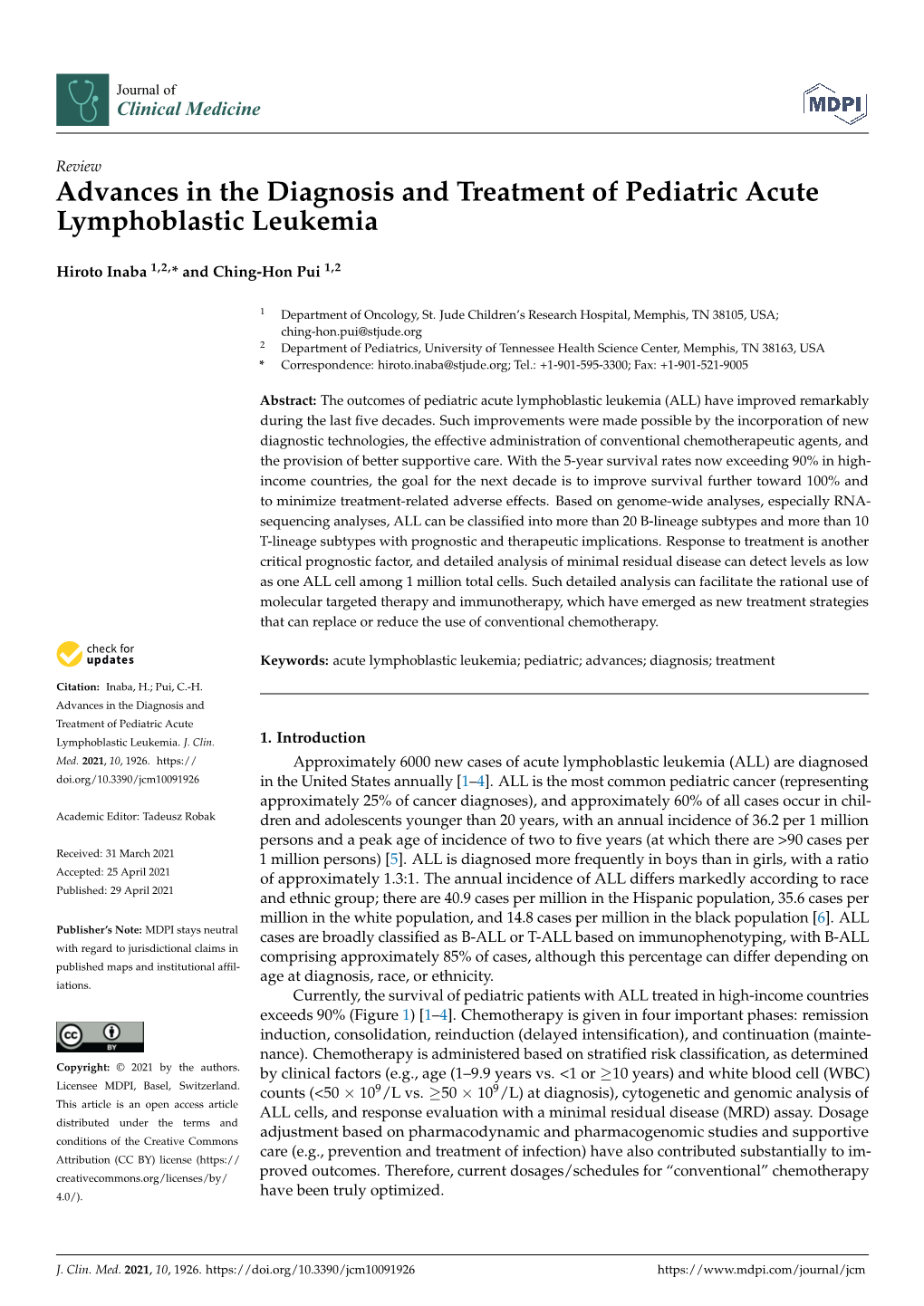 Advances in the Diagnosis and Treatment of Pediatric Acute Lymphoblastic Leukemia