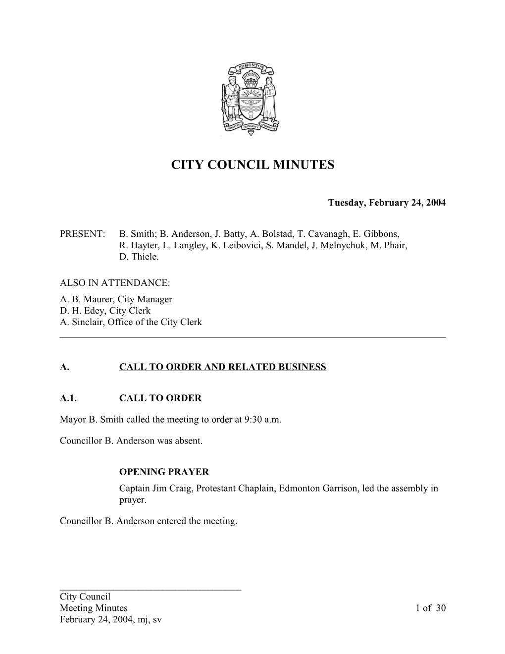 Minutes for City Council February 24, 2004 Meeting