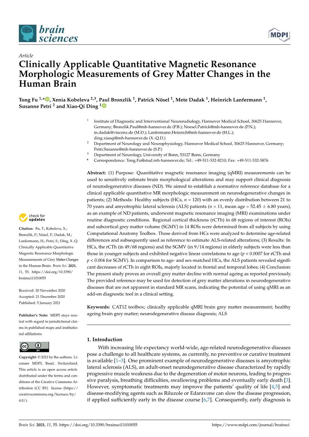 Clinically Applicable Quantitative Magnetic Resonance Morphologic Measurements of Grey Matter Changes in the Human Brain