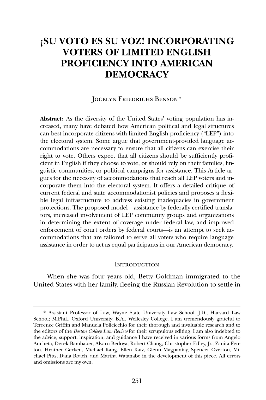 ¡Su Voto Es Su Voz! Incorporating Voters of Limited English Proficiency Into American Democracy