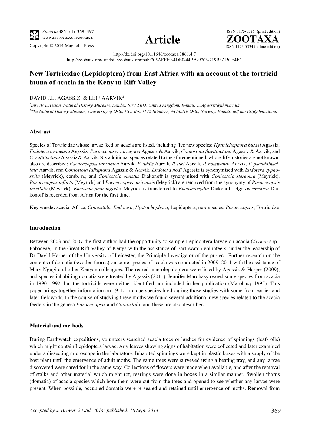 New Tortricidae (Lepidoptera) from East Africa with an Account of the Tortricid Fauna of Acacia in the Kenyan Rift Valley