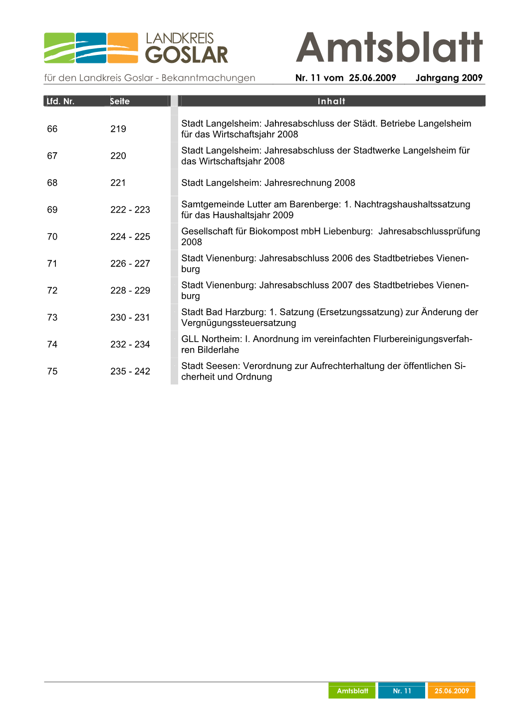 Amtsblatt Für Den Landkreis Goslar - Bekanntmachungen Nr