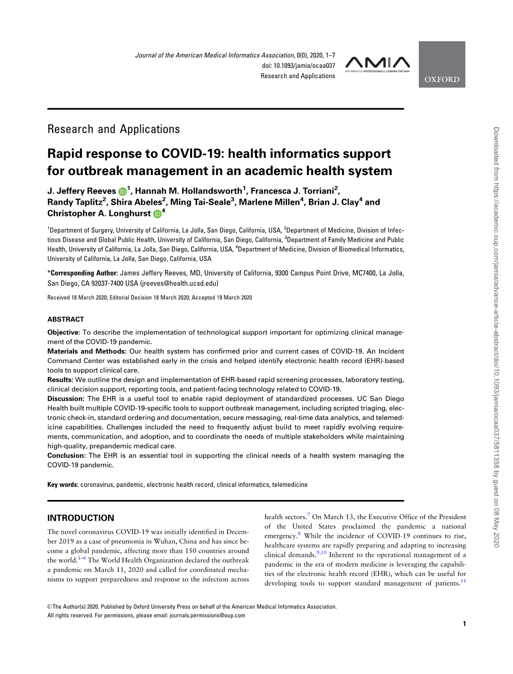 Rapid Response to COVID-19: Health Informatics Support for Outbreak Management in an Academic Health System