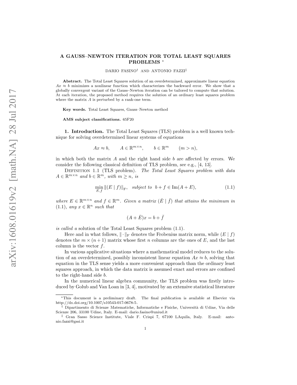 A Gauss--Newton Iteration for Total Least Squares Problems