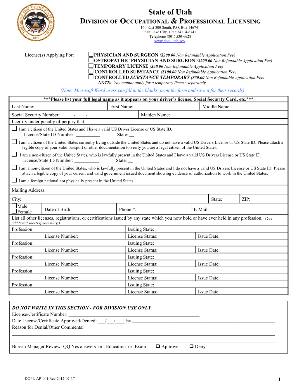 Division of Occupational & Professional Licensing