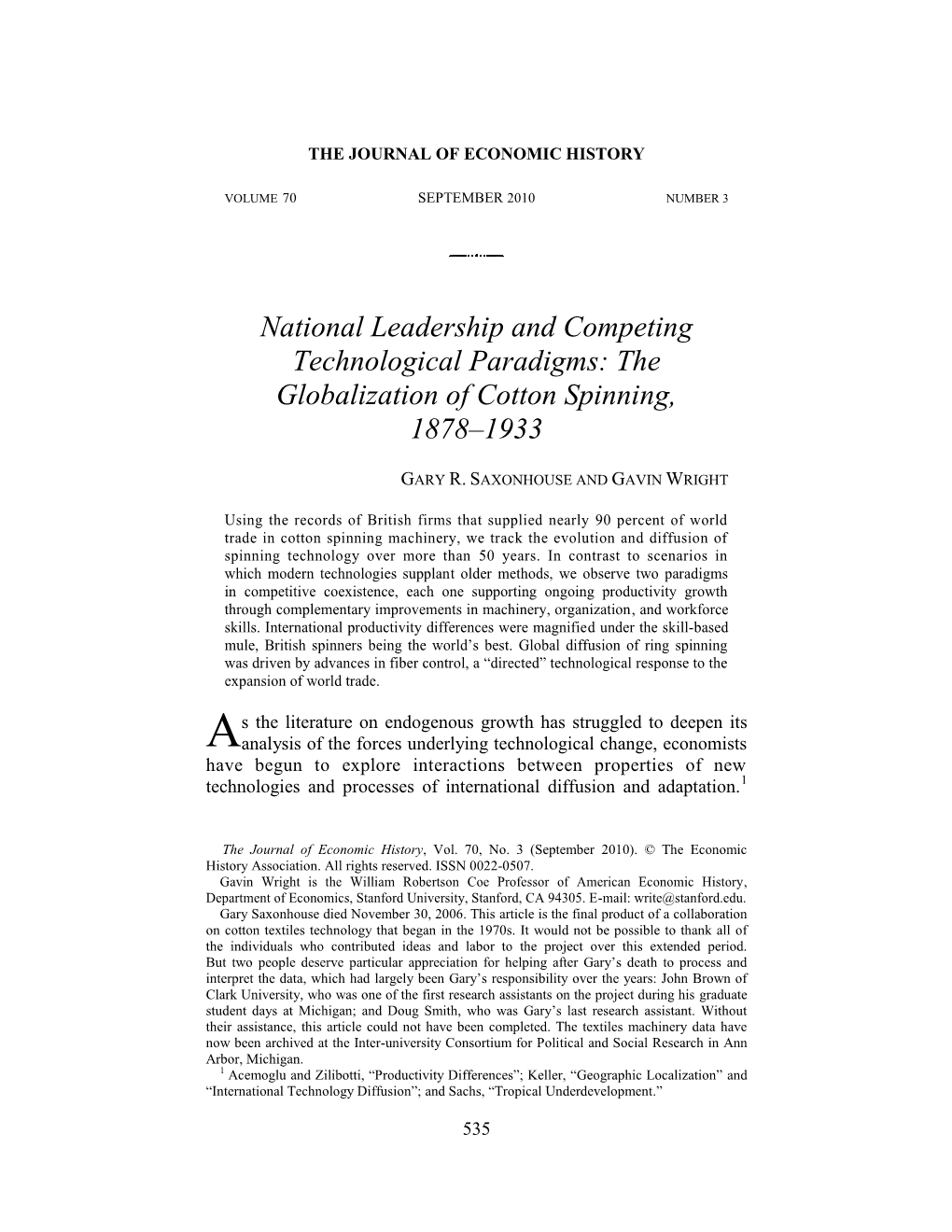 National Leadership and Competing Technological Paradigms: the Globalization of Cotton Spinning, 1878–1933