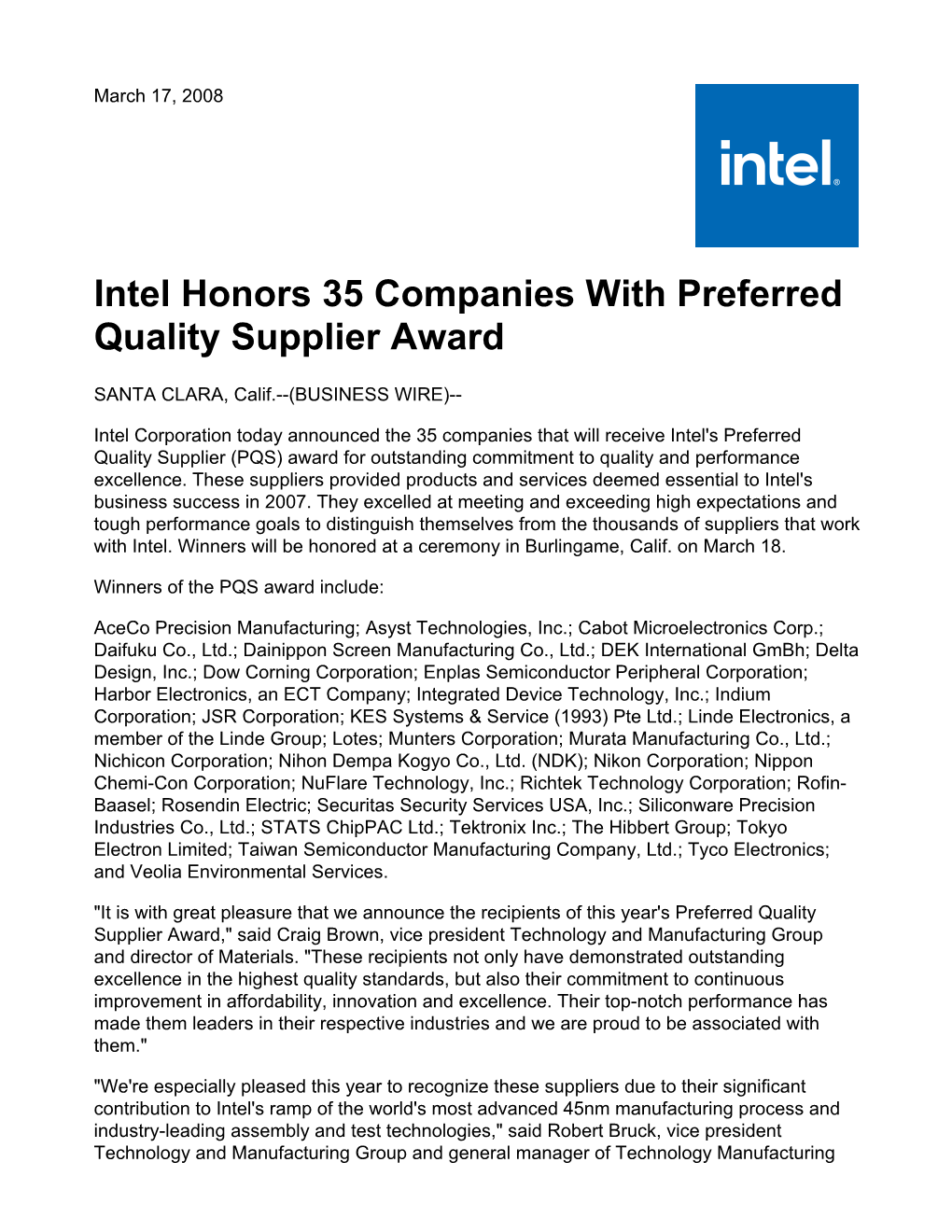 Intel Honors 35 Companies with Preferred Quality Supplier Award