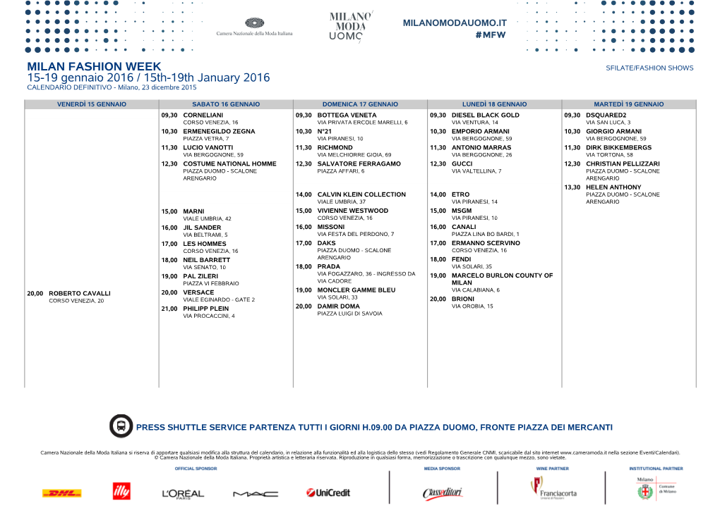 15Th-19Th January 2016 CALENDARIO DEFINITIVO - Milano, 23 Dicembre 2015