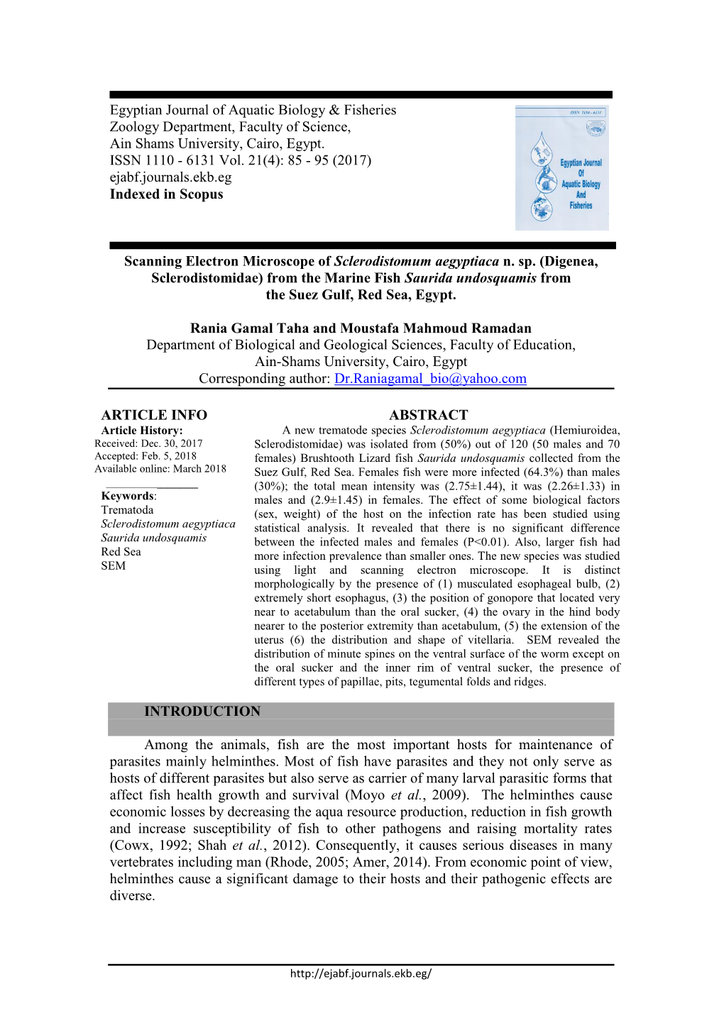 Egyptian Journal of Aquatic Biology & Fisheries Zoology Department, Faculty of Science, Ain Shams University, Cairo, Egypt