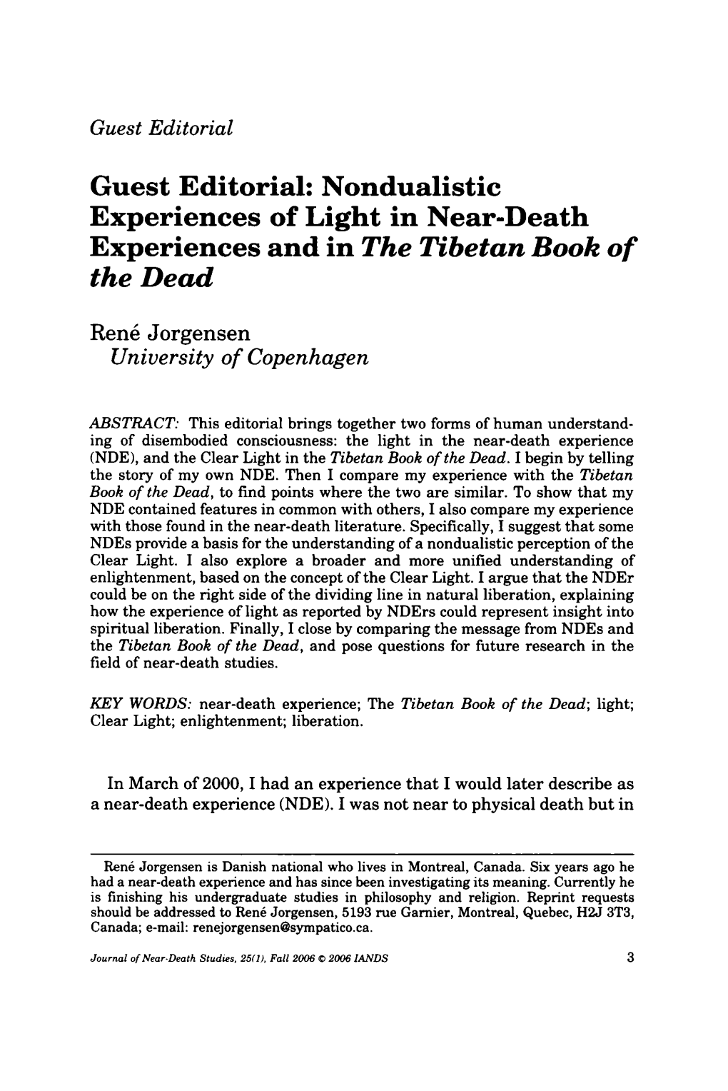 Guest Editorial: Nondualistic Experiences of Light in Near-Death Experiences and in the Tibetan Book of the Dead