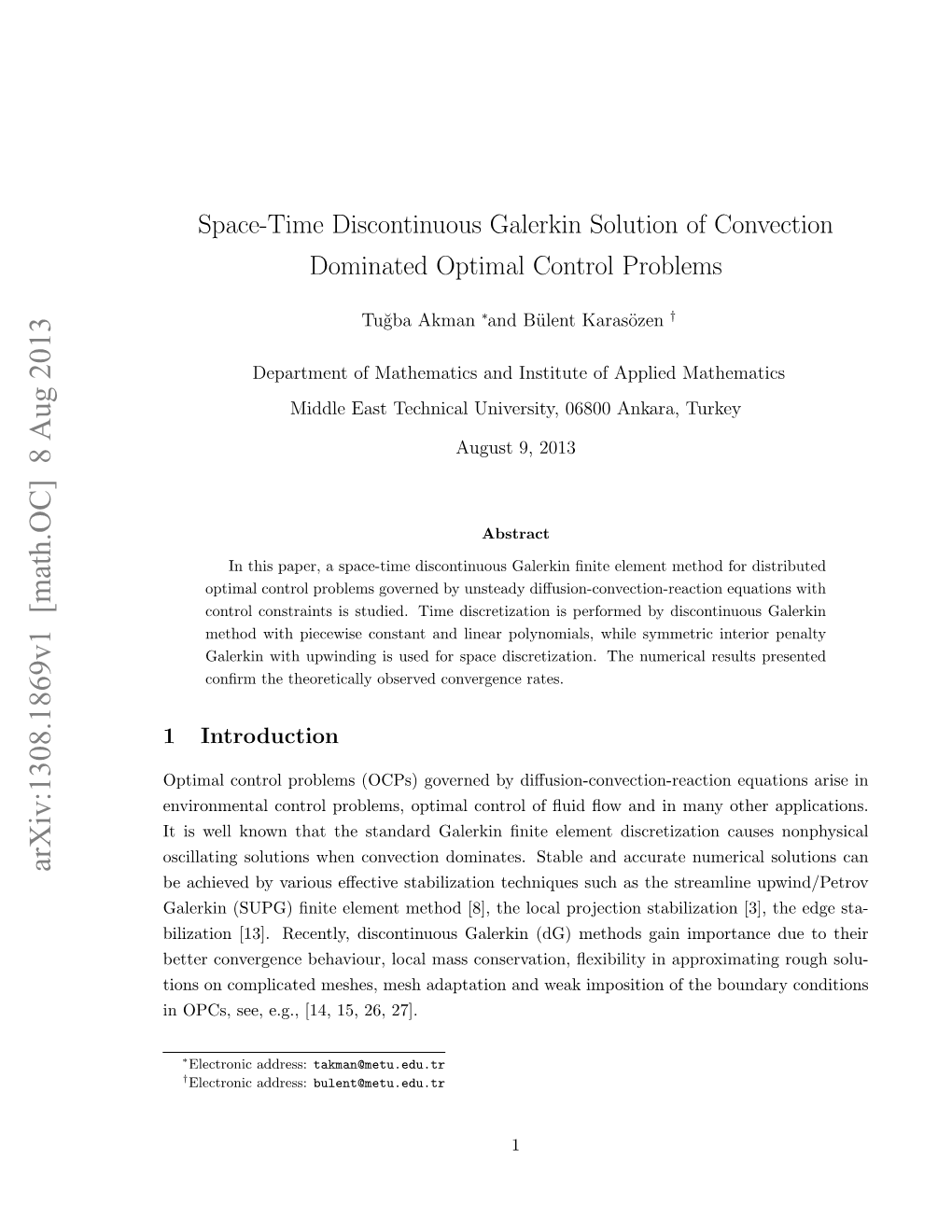 Space-Time Discontinuous Galerkin Solution of Convection Dominated Optimal Control Problems