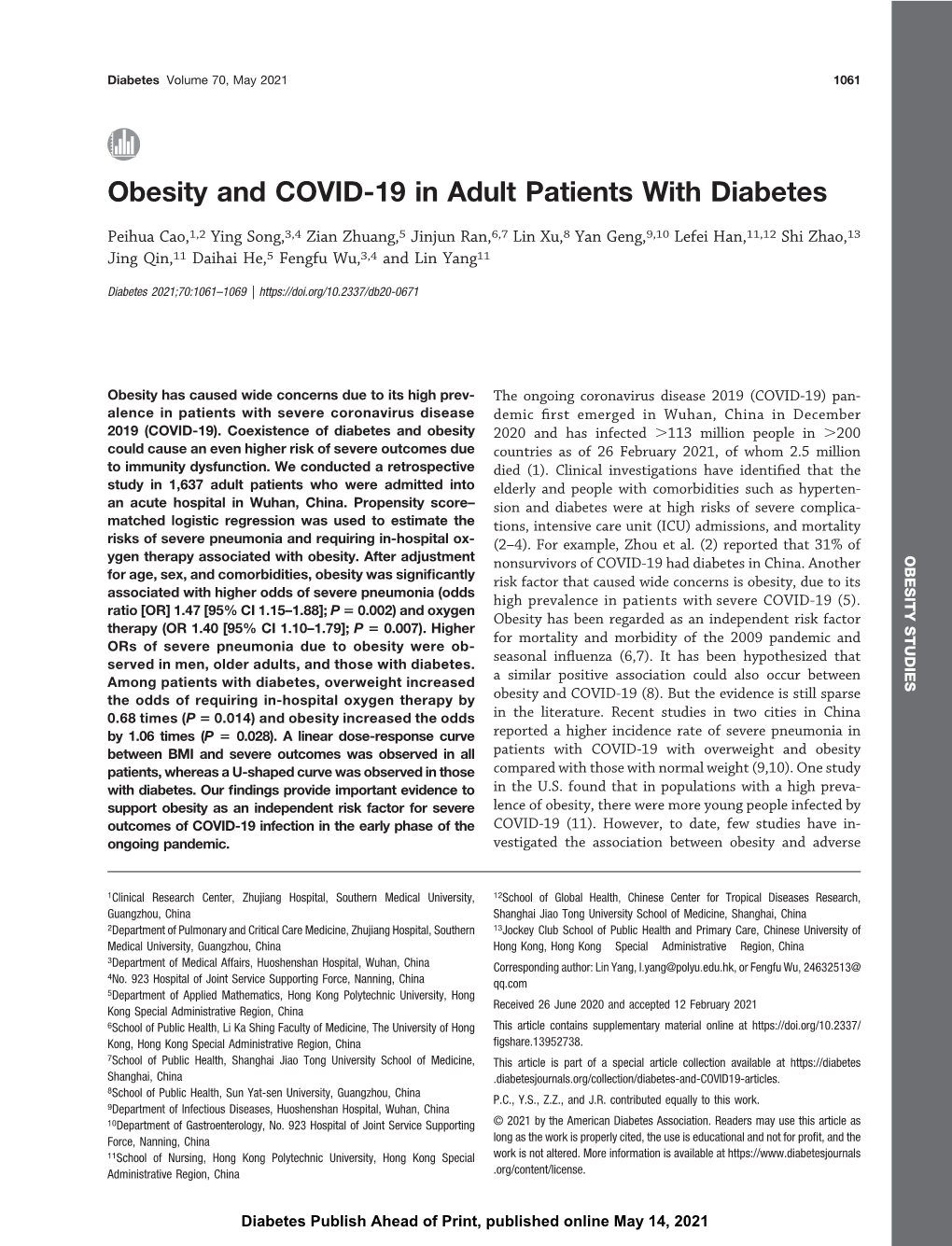 Obesity and COVID-19 in Adult Patients with Diabetes