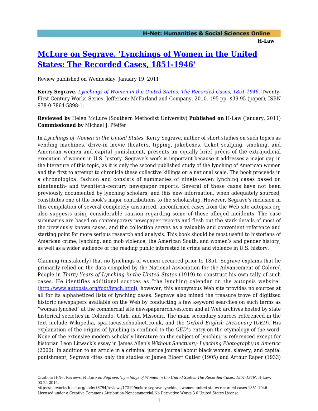 Mclure on Segrave, 'Lynchings of Women in the United States: the Recorded Cases, 1851-1946'