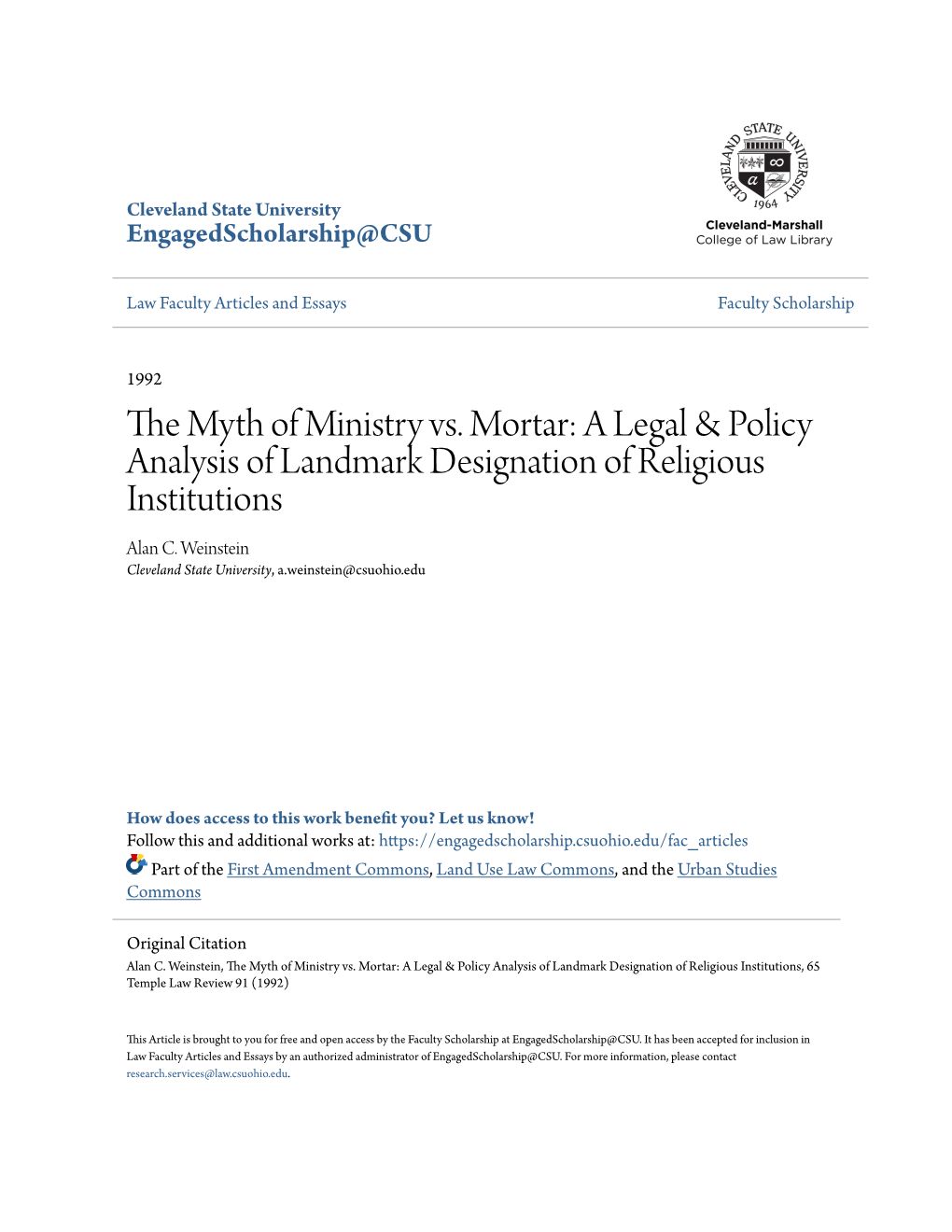 The Myth of Ministry Vs. Mortar: a Legal & Policy Analysis of Landmark Designation of Religious Institutions