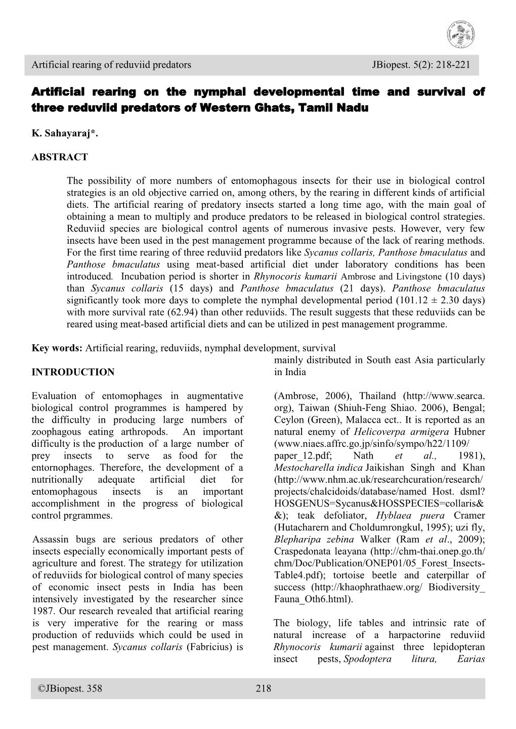 Artificial Rearing on the Nymphal Developmental Time and Survival of Three Reduviid Predators of Western Ghats, Tamil Nadu