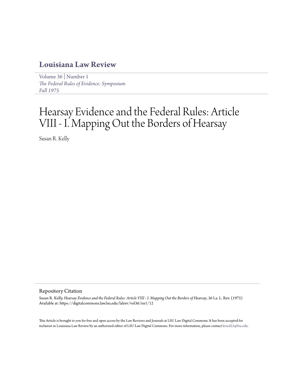 Hearsay Evidence and the Federal Rules: Article VIII - I