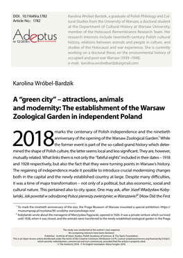 The Establishment of the Warsaw Zoological Garden in Independent Poland
