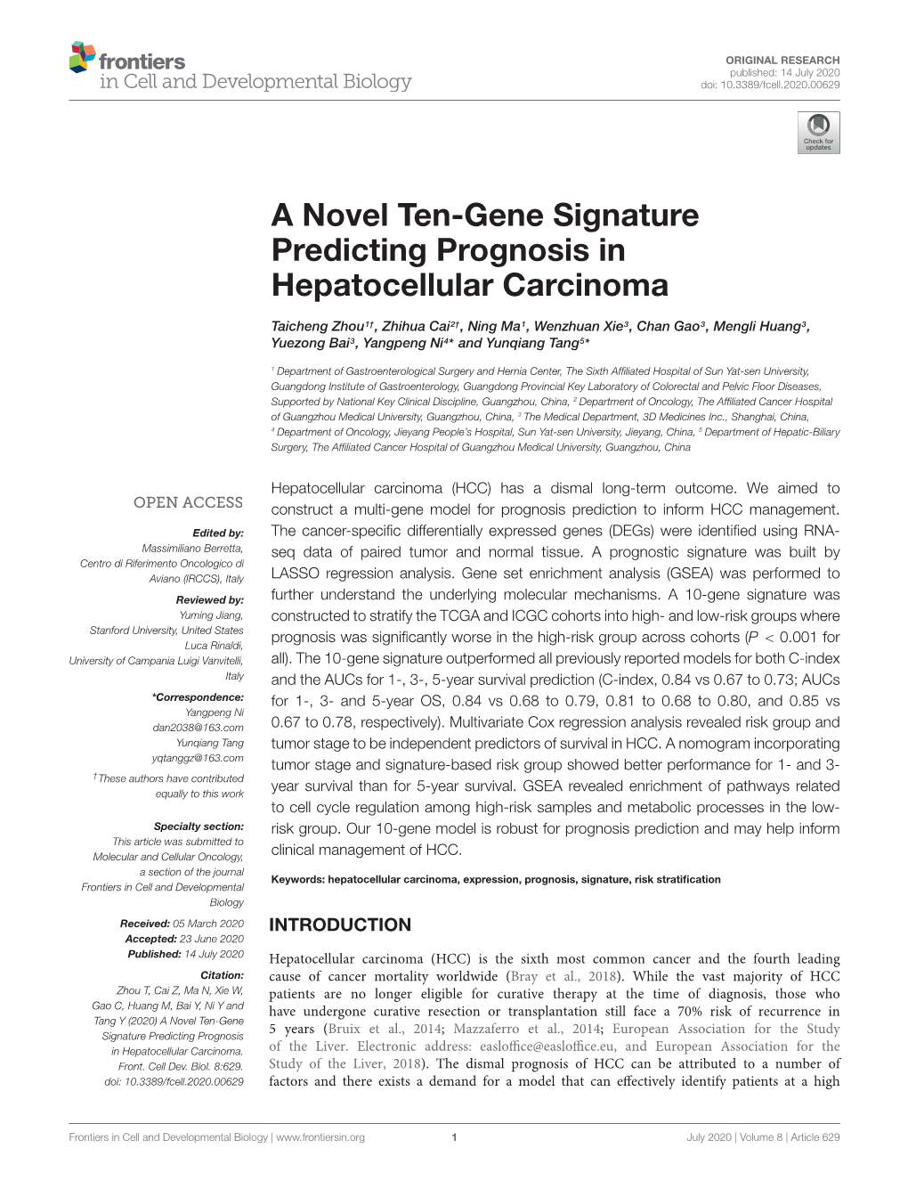 A Novel Ten-Gene Signature Predicting Prognosis in Hepatocellular Carcinoma