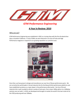 GTM Performance Engineering a Year in Review: 2010