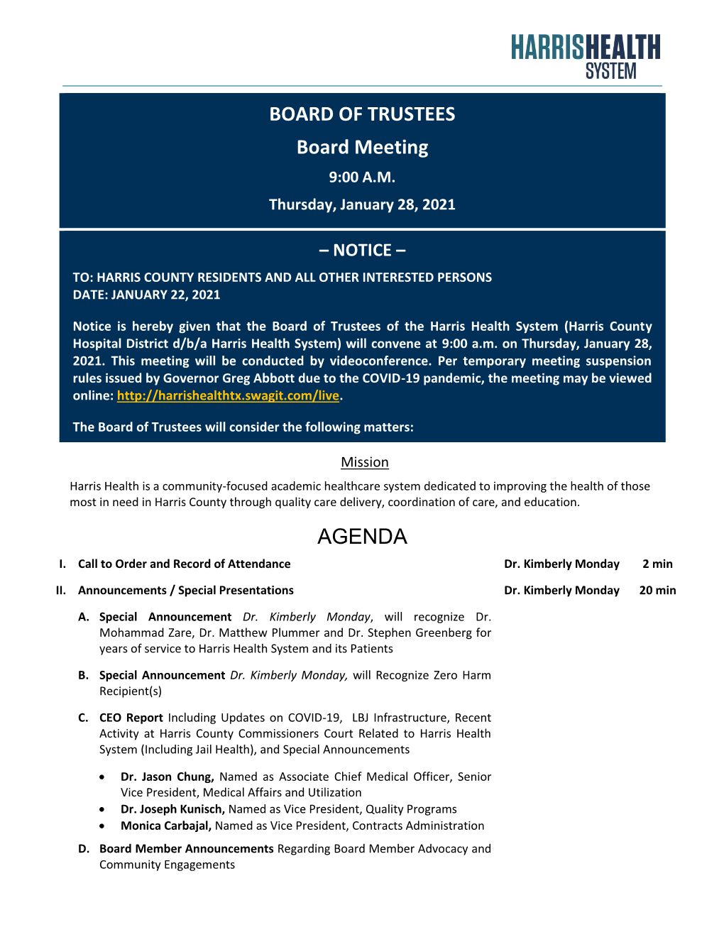 Board of Trustees Board Meeting Agenda January 28, 2021 Page 2