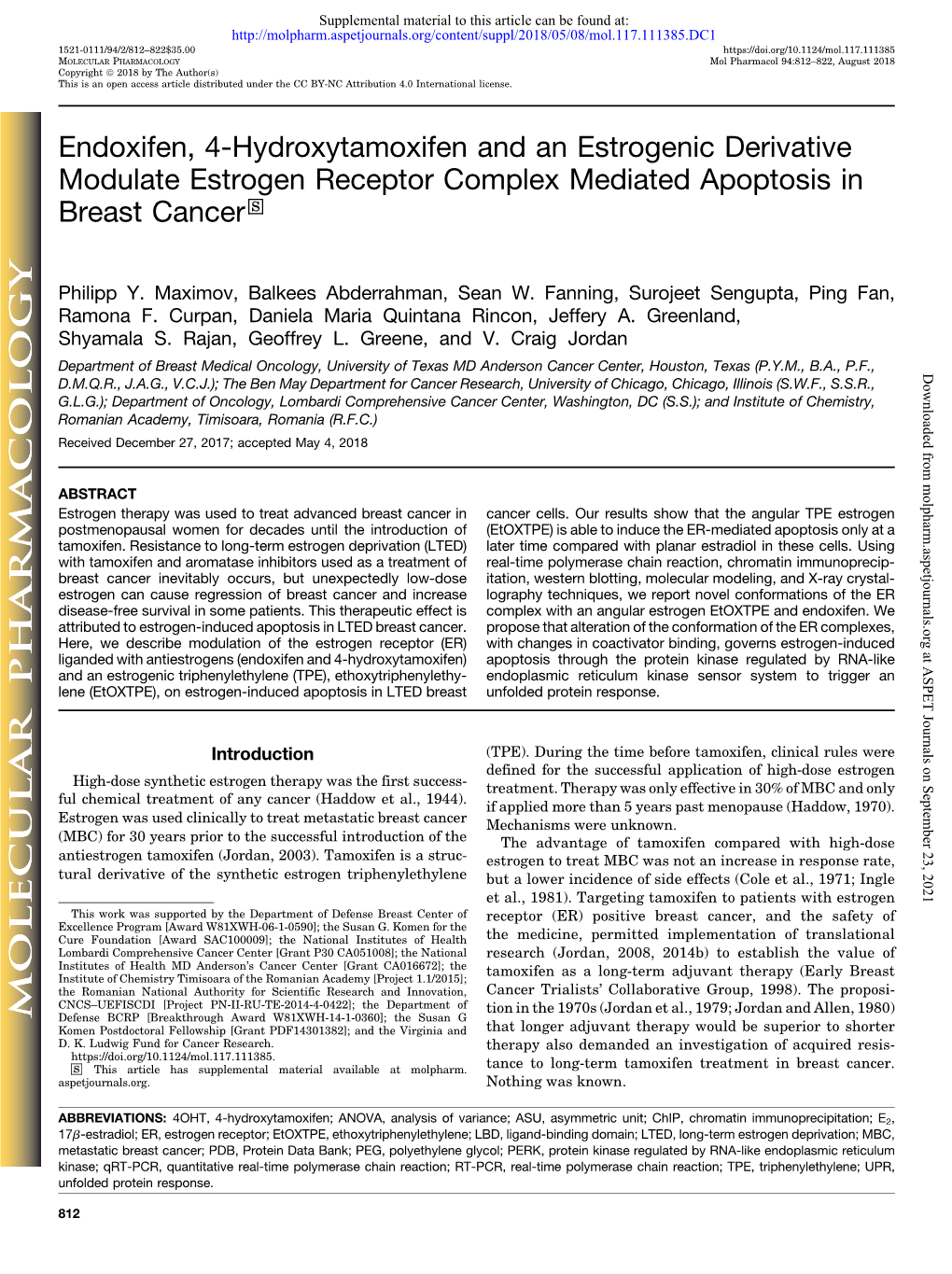 Endoxifen, 4-Hydroxytamoxifen and an Estrogenic Derivative Modulate Estrogen Receptor Complex Mediated Apoptosis in Breast Cancer S