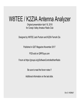 W8TEE / K2ZIA Antenna Analyzer Original Presentation April 18, 2018 for Conejo Valley Amateur Radio Club