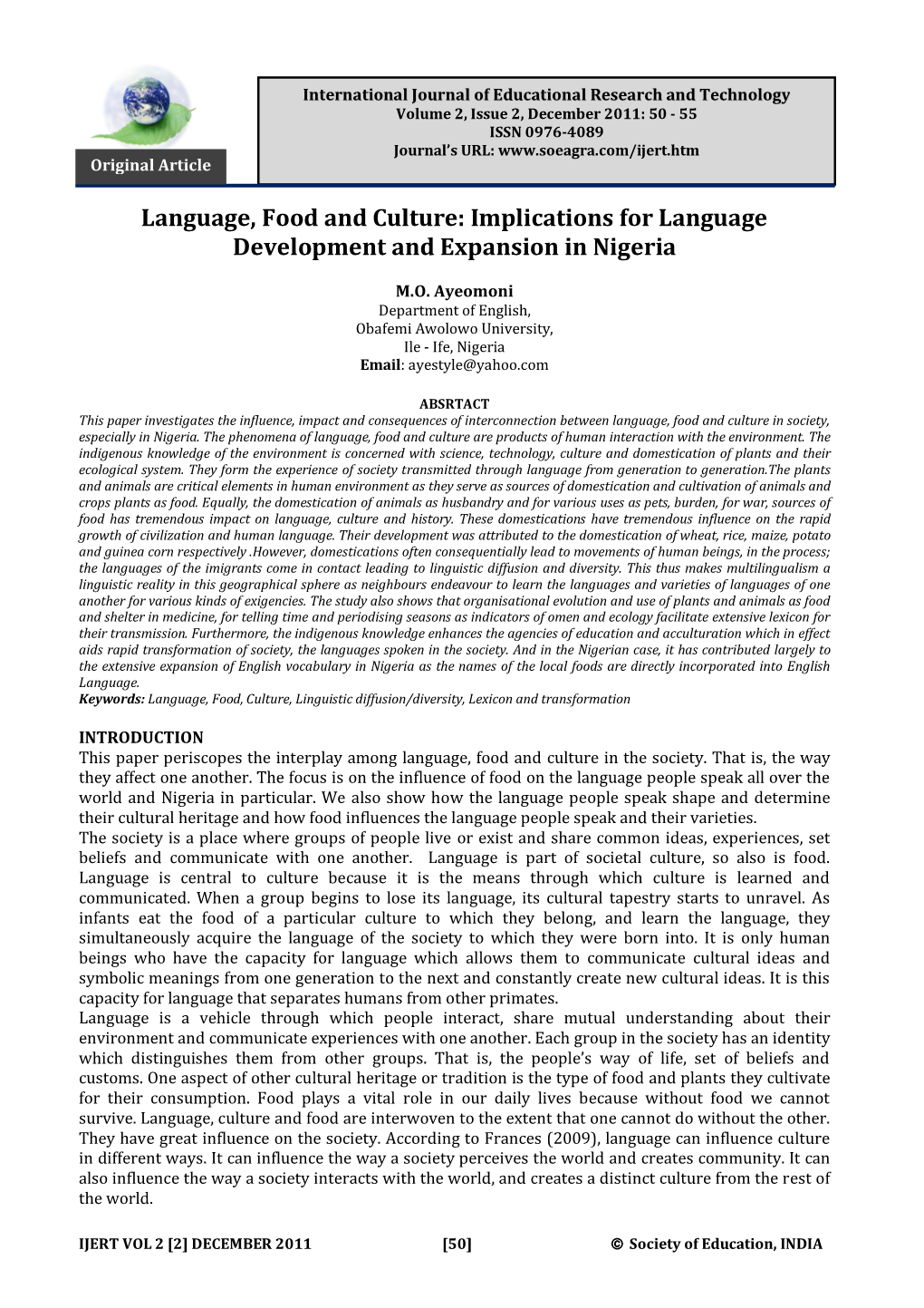 Language, Food and Culture: Implications for Language Development and Expansion in Nigeria