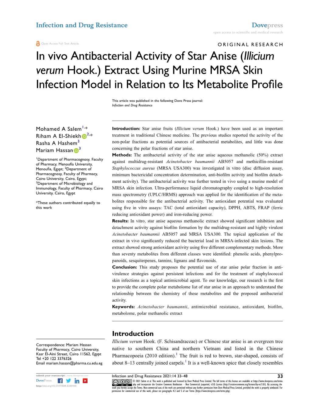 In Vivo Antibacterial Activity of Star Anise (Illicium Verum Hook.) Extract Using Murine MRSA Skin Infection Model in Relation to Its Metabolite Profile