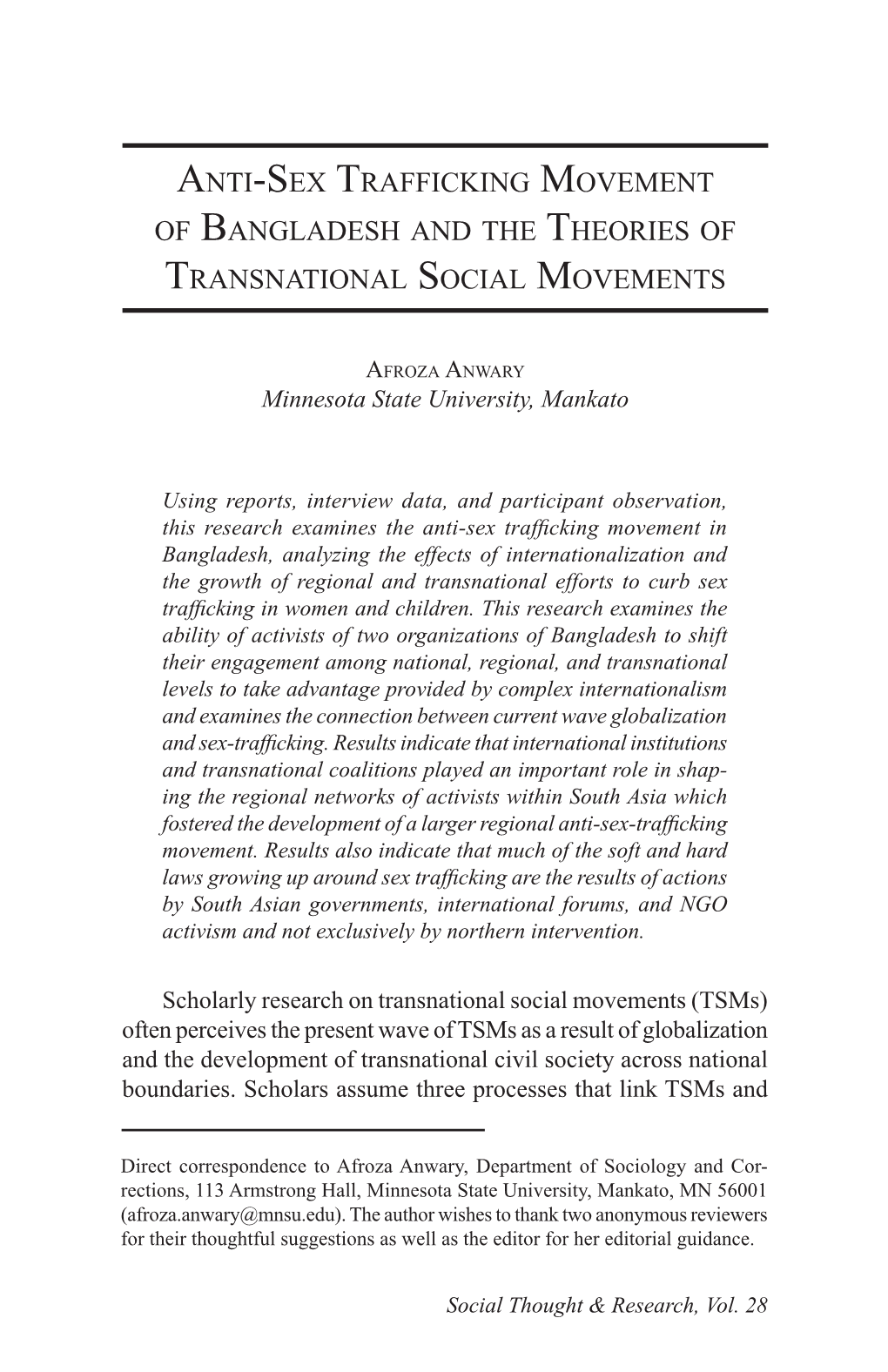 Anti-Sex Trafficking Movement of Bangladesh and the Theories of Transnational Social Movements