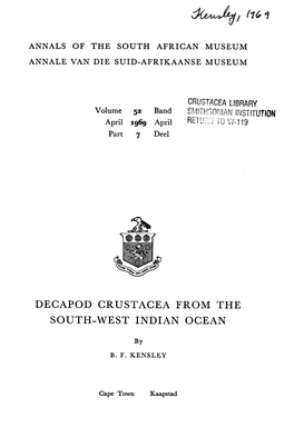Decapod Crustacea from the South-West Indian Ocean
