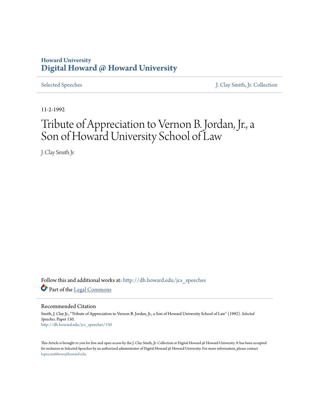 Tribute of Appreciation to Vernon B. Jordan, Jr., a Son of Howard University School of Law J