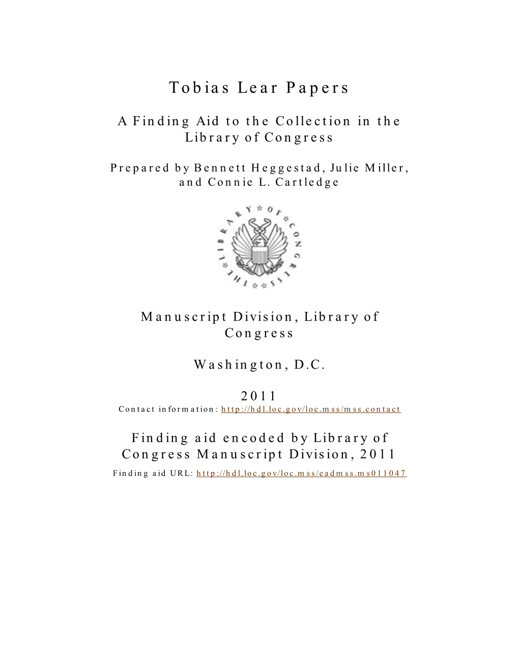 Tobias Lear Papers [Finding Aid]. Library of Congress. [PDF Rendered