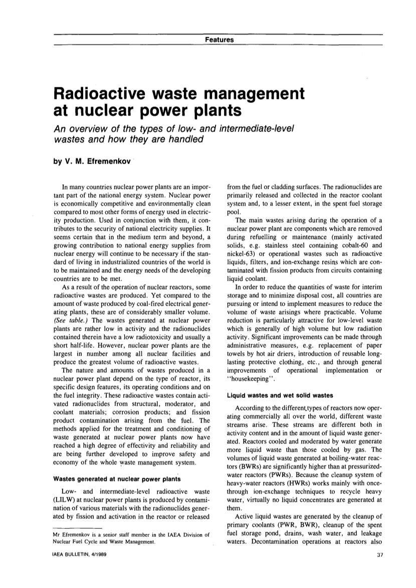 Radioactive Waste Management at Nuclear Power Plants an Overview of the Types of Low- and Intermediate-Level Wastes and How They Are Handled