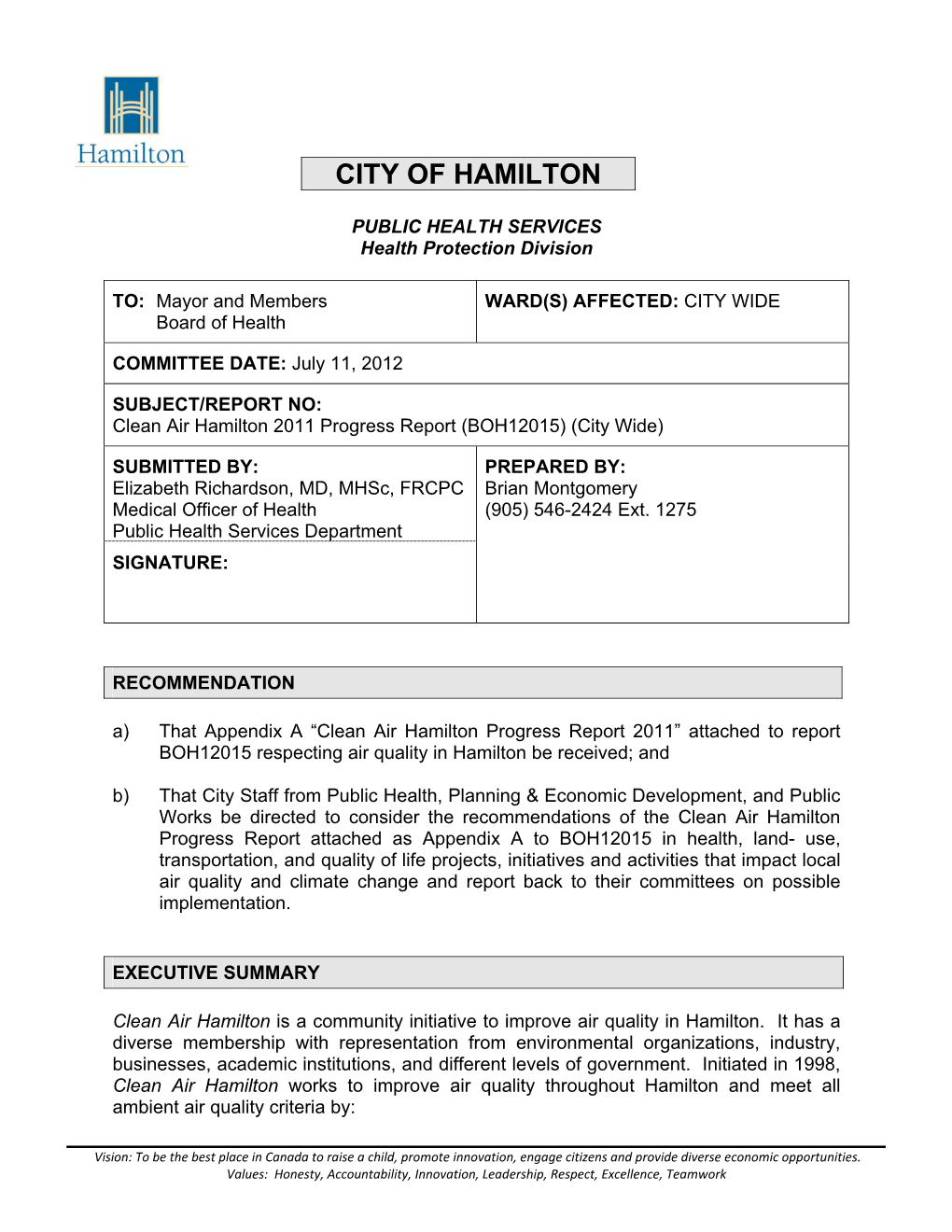 Clean Air Hamilton 2011 Progress Report (BOH12015) (City Wide)