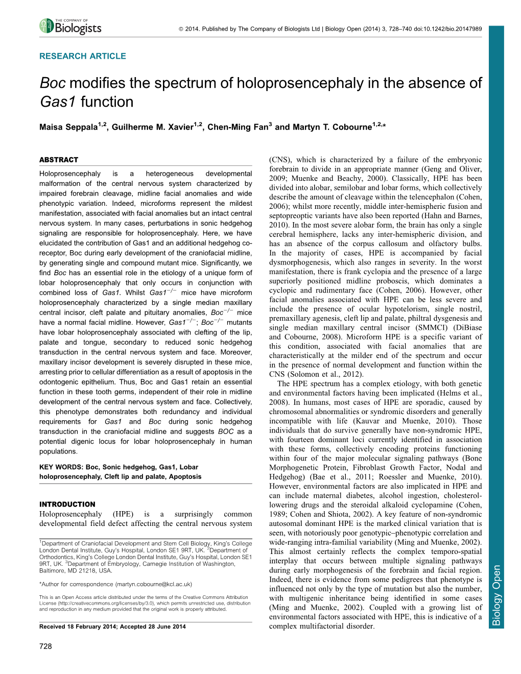 Boc Modifies the Spectrum of Holoprosencephaly in the Absence of Gas1 Function