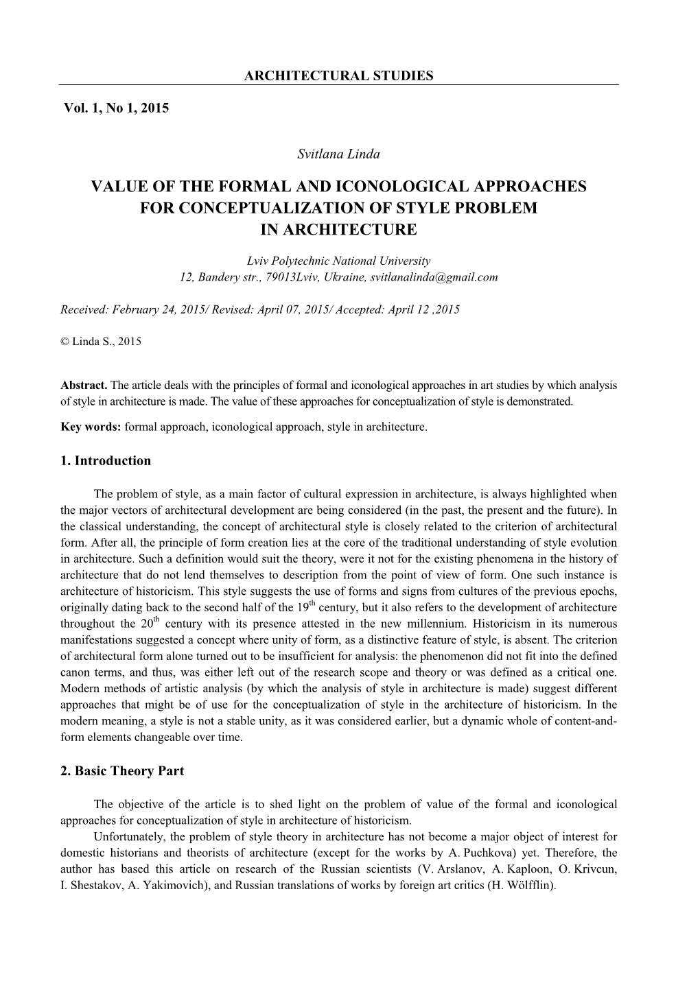 Value of the Formal and Iconological Approaches for Conceptualization of Style Problem in Architecture