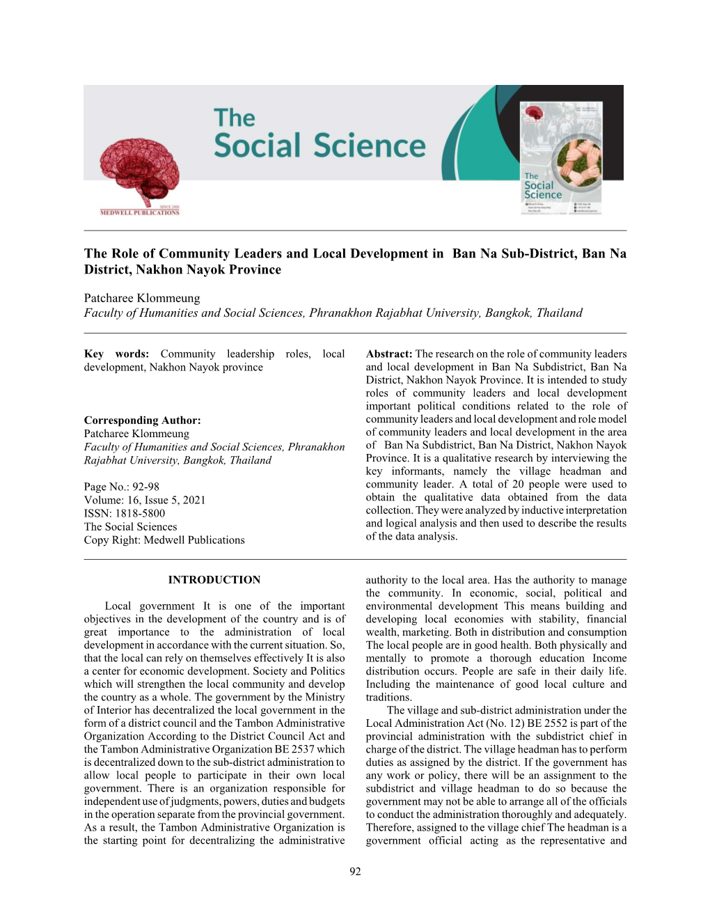 The Role of Community Leaders and Local Development in Ban Na Sub-District, Ban Na District, Nakhon Nayok Province