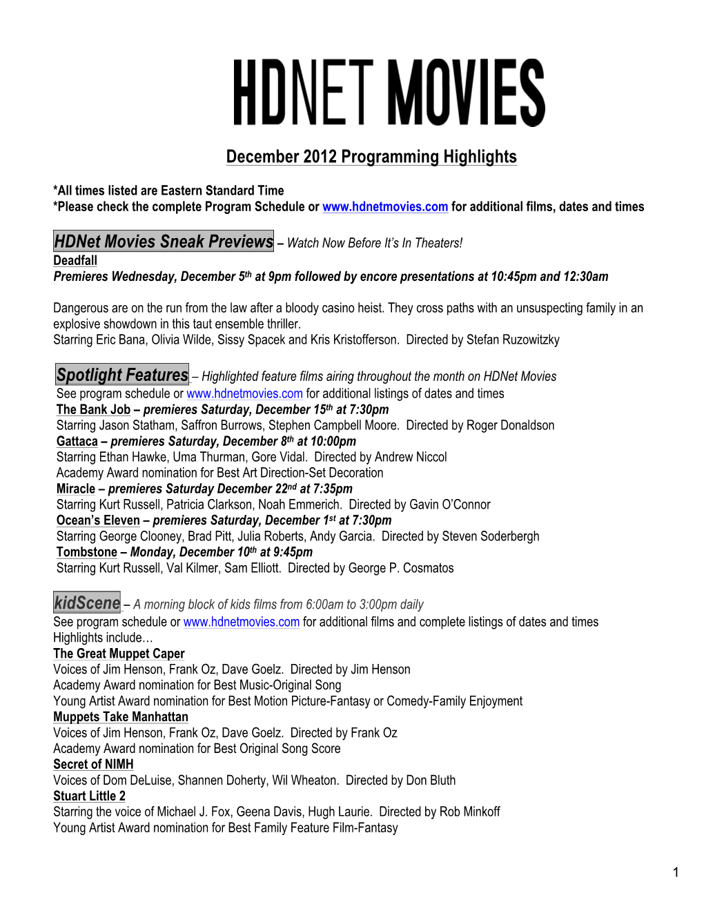 Hdnet Movies December 2012 Program Highlights -Version 1