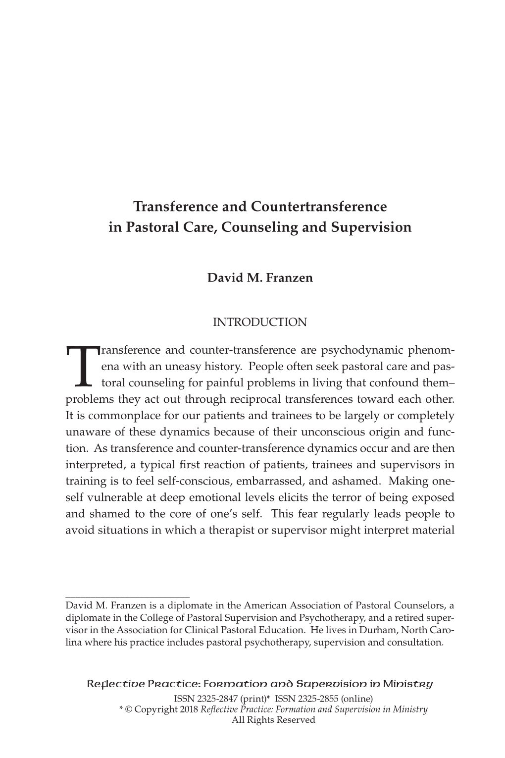 Transference and Countertransference in Pastoral Care, Counseling and Supervision