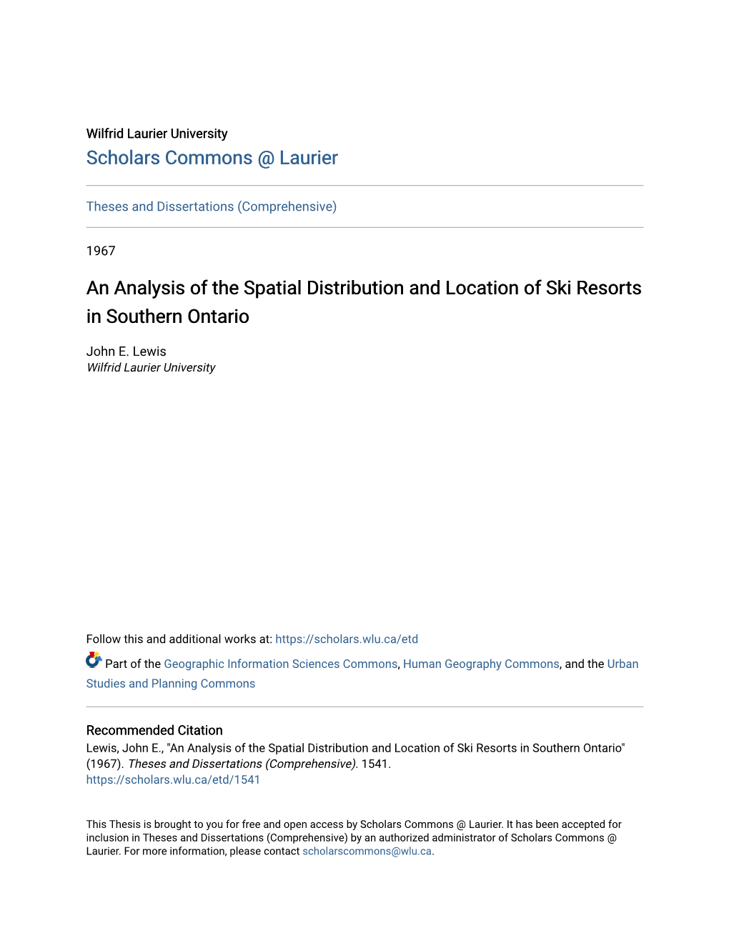 An Analysis of the Spatial Distribution and Location of Ski Resorts in Southern Ontario